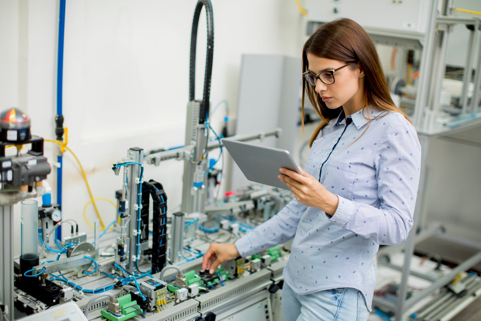 Pretty young woman with digital tablet in the electronics workshop